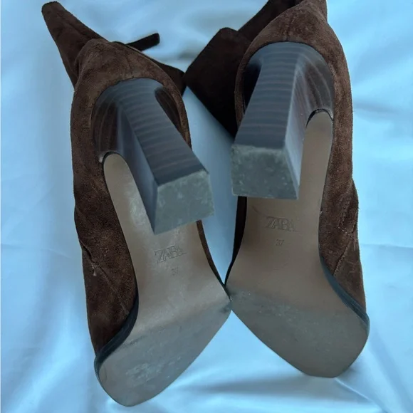 Zara Elegant Dark Brown Suede - Block Heeled Boots size 6.5 US size higher ankle - Picture 11 of 11